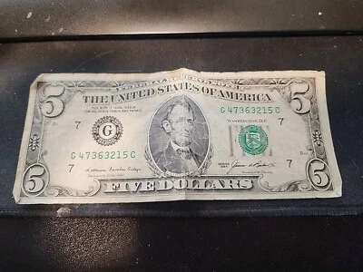 1985 $5 Five Dollar Bill Bank Note Vintage Rare #7 Series 1985 G47363215C - Image 1 of 4