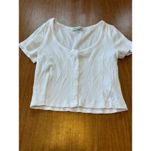 Urban Outfitters Women's White Ribbed Button-Up Crop Top Size L Casual Spring - Picture 1 of 5