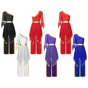 Womens Dress Worship Costume Two Piece Dancewear Celebration Trousers Chiffon - Afbeelding 1 van 51