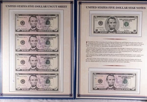 United States $5 Currency 2006 Uncut Sheet 2001 & 2006 *Star* Notes UNC - Picture 1 of 4