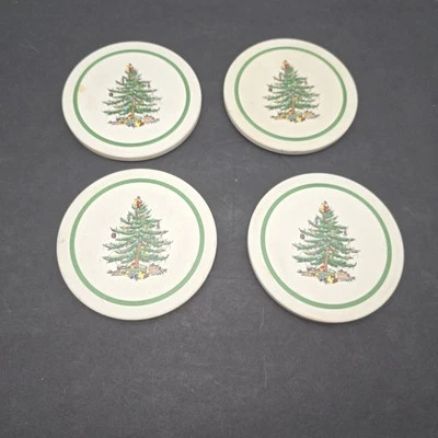 SPODE Christmas Tree Round Corkback Ceramic Coasters  Set Of 4 Vintage - Image 1 of 3