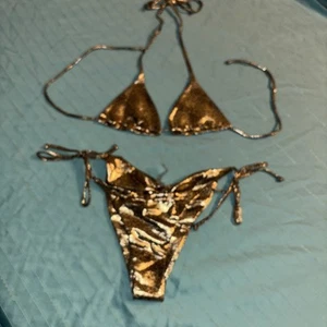 Women's Small Swim Bikini Set Leopard Animal Print Gold Tie String Nwot - Picture 1 of 21
