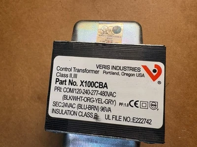 VERIS INDUSTRIES X100CBA CONT TRANSFORMADOR PRI:120-240-277-480 Sec: 24VAC 96VA Foto 1 de 3