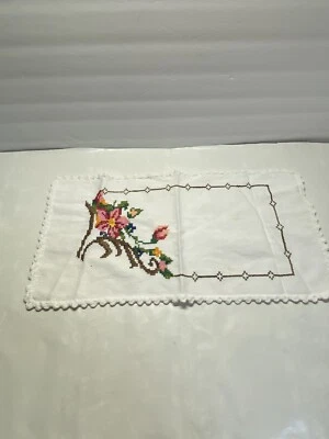 Vintage Handmade Needlepoint garden flowers table runner placemat 17” MCM - Image 1 of 4