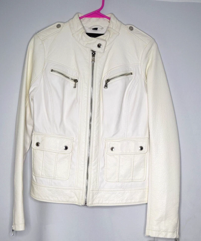 Guess Women's Faux-Leather Jacket White Motorcycle Zip Front Size S New w/Tags - Image 1 of 4