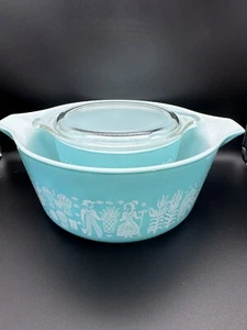 VINTAGE PYREX Turquoise AMISH BUTTERPRINT With 1 Lid 475, 473, 470-c - Picture 1 of 20