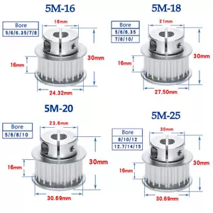 5M Ruota Sincrona 15T-25T Alesaggio Morsetto 5-15mm per Cinghia Distribuzione Larghezza 16mm HTD-5M - Foto 1 di 4