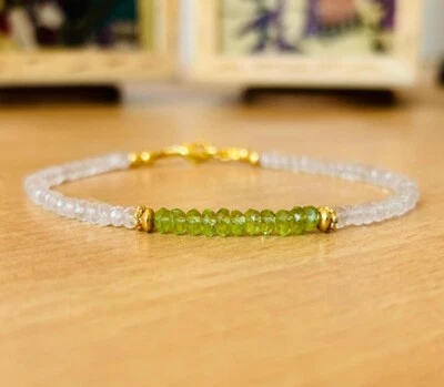 Natural A++ Peridot & Moonstone Faceted Rondelle Gemstone Beaded Bracelets 6-8'' - Image 1 of 4