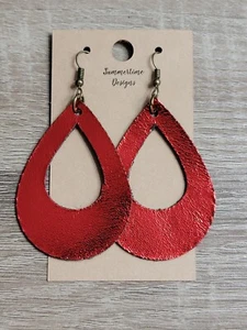GENUINE Leather Teardrop Earrings Metallic Red 2.5" - Picture 1 of 1
