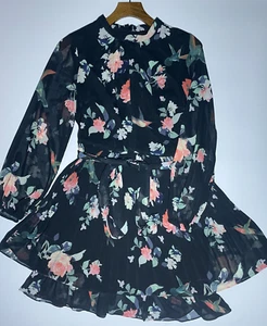 Oasis Dress Size 10 Black Floral Ruffled Midi Shirt Belt/Tie Tiered Womens - Bild 1 von 11