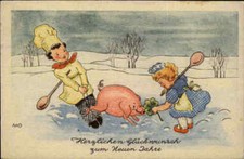 NEW YEAR New Year Card Kids with Pig as a Lucky Bringer Herma Card #26