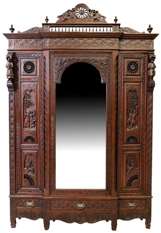 Antique Armoire, Triple, French Breton,  Carved Oak, Mirrored, Early 1900s!! Cover