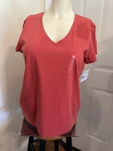 LIZ CLAIBORNE TOP TEE SHORT SLEEVES 100% TERRACOTTA COTTON EMBROIDERED SZ M NWT - Picture 1 of 6