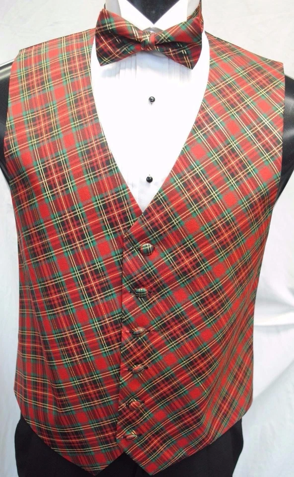 Christmas Red Green Gold Plaid Tuxedo Vest and Bow Tie - Image 1 of 1