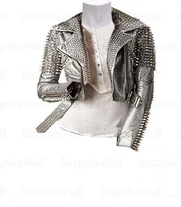 New Women Silver punk Silver Spiked Studded Cowhide Biker Leather Jacket-254 - Picture 1 of 4