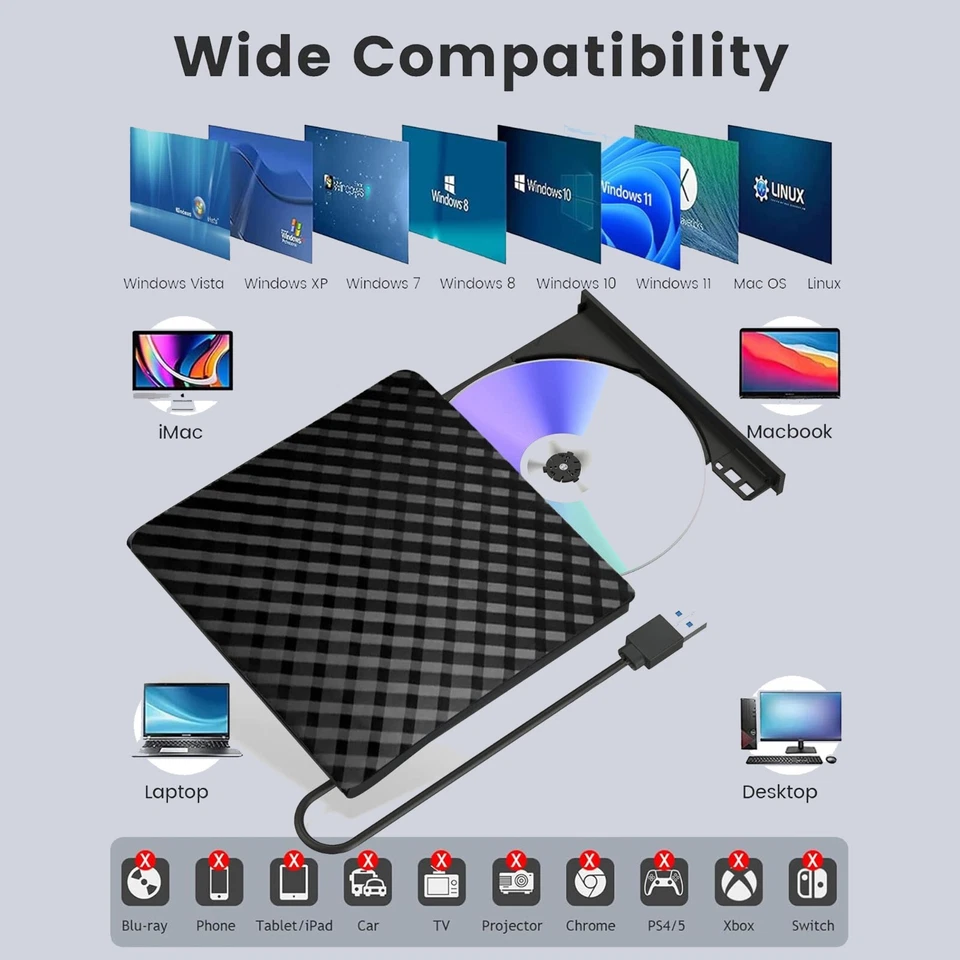 External CD DVD Drive for Laptop USB 3.0 Slim Portable Player CD DVD RW - Image 1 of 4
