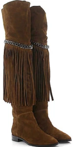 New CASADEI $1400 Brown Suede Fringe Over Knee Chain Boots Made Italy Size 36.5 - Picture 1 of 8