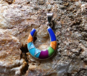 Lucky Horseshoe Multi Gemstone Opal Southwestern Sterling Silver Pendant T28-L - Picture 1 of 7