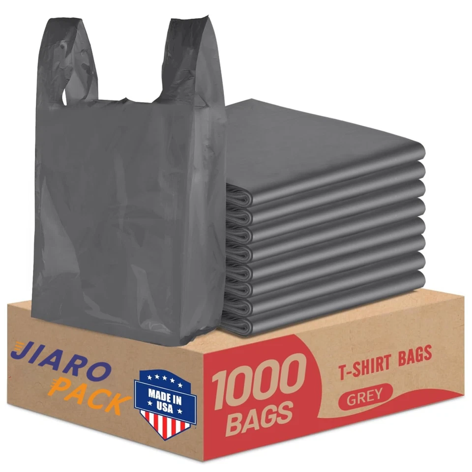 1000 Gray T-Shirt Bags 1/6 12" x 6.5" x 21", Plastic Grocery Shopping Bags - Image 1 of 4
