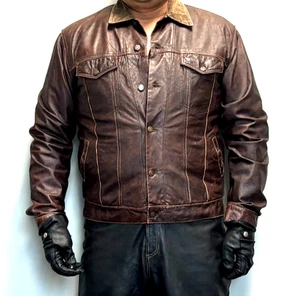 American Outdoor Co. Leather Levi's Jean Trucker Style Jacket Size XL - Picture 1 of 9