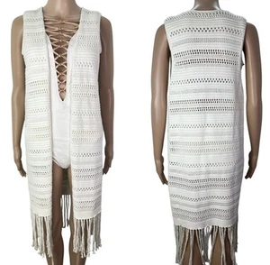 NEW Aerie White Fringe Crochet Open Front Vest Duster Cover Up Size Medium - Bild 1 von 11