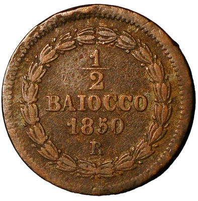 1850 B Italian States PAPAL STATES Mezzo 1/2 Baiocco KM# 1355 - Image 1 of 2
