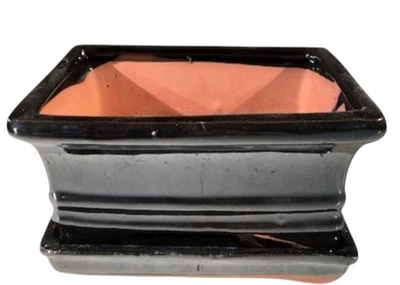 Black Ceramic Bonsai Pot -Rectangle With Humidity Drip Tray  OD: 6" x 4.5" x 3" - Image 1 of 2