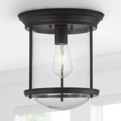 JONATHAN Y 10.25" Traditional Metal/Glass LED Flush Mount, Oil Rubbed Bronze - Image 1 of 4