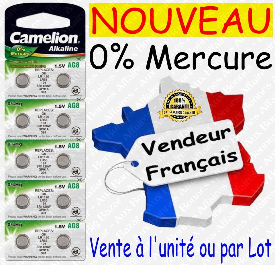 Piles bouton AG8 LR55 LR1121 391 LR41 LR44 LR43 LR54 LR66 - Livraison Gratuite ! - Photo 1/1