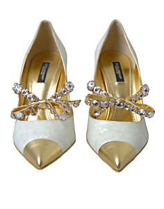 Dolce & Gabbana Gold White Pearl Crystal Patent Leather Pumps Heels EU38 US8
