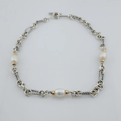 Collar "Figaro" David Yurman de plata de ley, oro de 18 quilates y perlas 17 pulgadas Foto 1 de 4