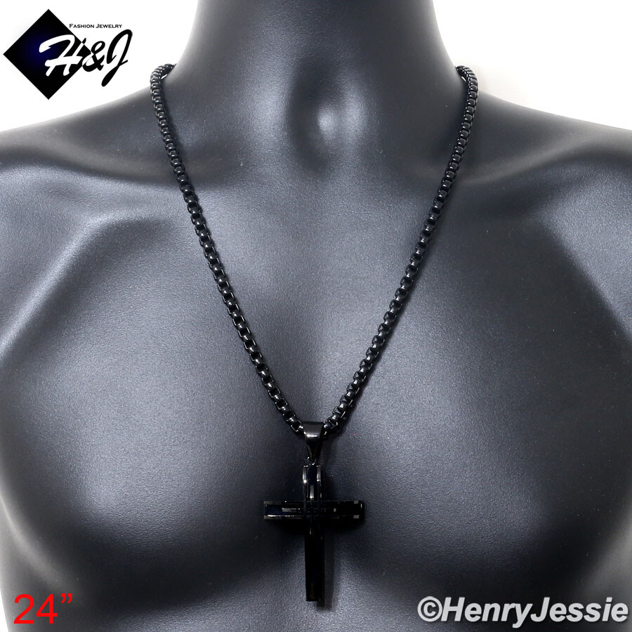 Collar Cruz De Acero Inoxidable Para Hombre - Chapado Negro - Colgante 31 Mm - Cadena 24 Pulgadas Con Mosquetón