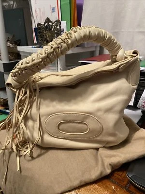 authentic bulga soft leather boho/fringes/nails handbag in a buttercream yellow. - Image 1 of 4