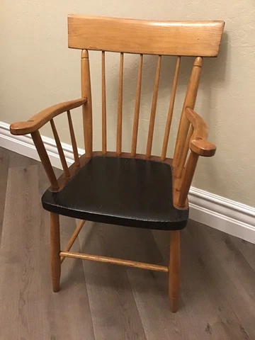 AMERICAN Antique 19th Century Spindle Back Arm Chair Pine Original Seat Wood Cover