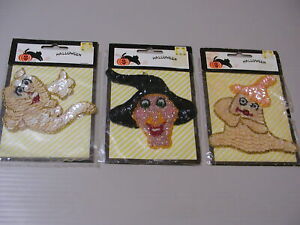 3 Vintage Halloween Sequin Patch Appliques Witch Ghosts