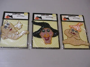 3 Vintage Halloween Sequin Patch Appliques Witch Ghosts - Picture 1 of 5