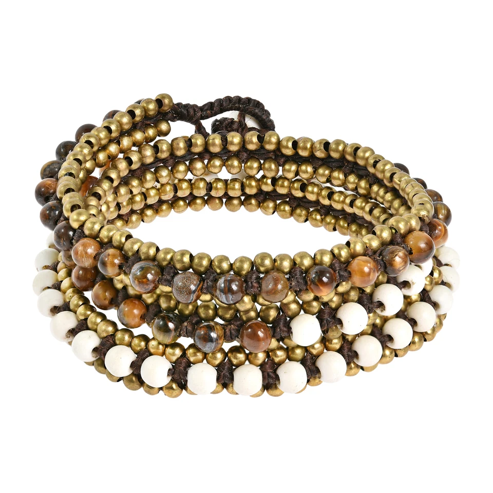 Pulsera Boho Ojo de Tigre Blanco Howlite Triple Envoltura Fusión Cuerda de Algodón Foto 1 de 4