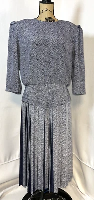 DE COLECCIÓN BGB LTD 80s Falda Plisada Manga Larga Azul Marino Blanco Floral Vestido Fiesta Oficina V Foto 1 de 4