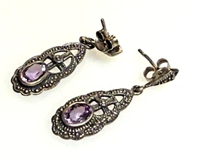 Vintage Sterling Silver 925 Earrings Jewellery Amethyst Ornate Filigree 5.01g - Picture 1 of 6