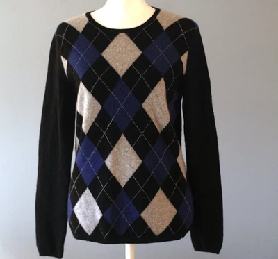 Женский кашемировый свитер Apt 9 размер средний V-образный вырез 100% кашемир аргайл синий черный - Изображение 1 из 4