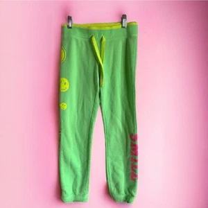 So Girls Sweatpants Sz S 8 Neon Lime Green Pink Smile Smiley Face Bling - Picture 1 of 6