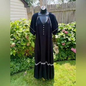 Maxi Vestido Azul Marino Antiguo Talla GRANDE Negro Campesino Bordado Pradera Boho Gauzy - Imagen 1 de 8