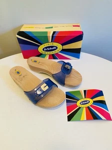 Dr Scholls Women Size 10 Wood Exercise Clog Sandal Blue Vinyl Slide Shoe New - Picture 1 of 13