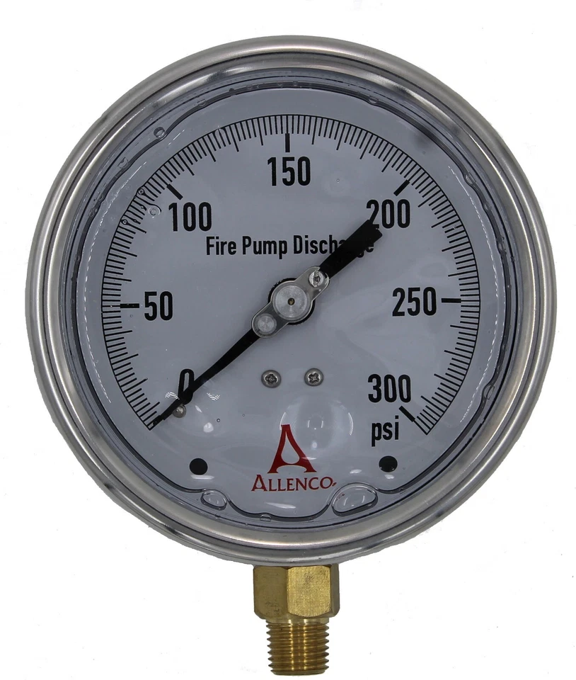 Medidor de descarga de bomba contra incendios llena de líquido Allenco de 4" 0-300 PSI - calibrado  Foto 1 de 1