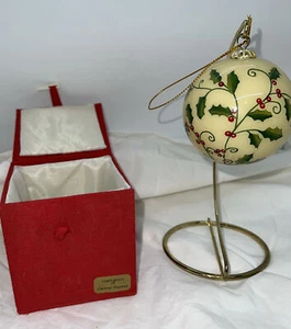 Glass Christmas Ornament Holly On A Cream Bulb Complements Casino Pauma Red Box - Picture 1 of 7