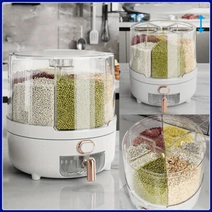 6 Grids Rice Dispenser 360° Rotating Dry Food Cereal Kitchen Storage Container - Picture 1 of 15