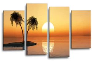 Large Seascape Sunset Love Art Print Orange Cream Framed Split Canvas Picture - Picture 1 of 6