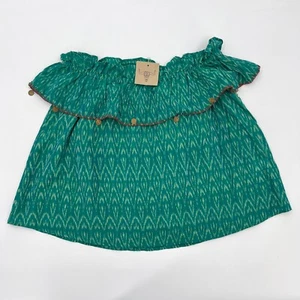 NEW THML Shirt Womens Small Green Off Shoulder Crop Short Sleeve Ruffle - Picture 1 of 8