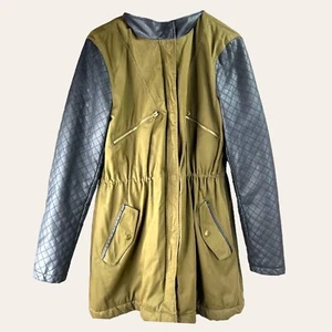 Attention Womens Olive Green Jacket Coat Quilted Faux Leather Sleeve Large - Picture 1 of 16