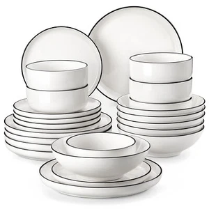 MALACASA 24-Piece Porcelain Dinnerware Set Black Trim Tableware Bowl & Plate Set - Picture 1 of 17